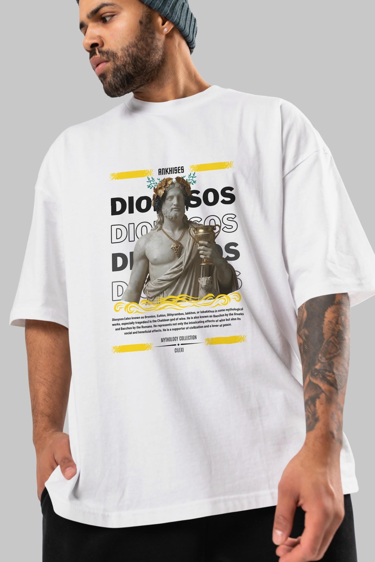 Dionysos 2 ön Baskılı Oversize t-shirt Erkek Kadın %100 Pamuk Bisiklet Yaka tişort