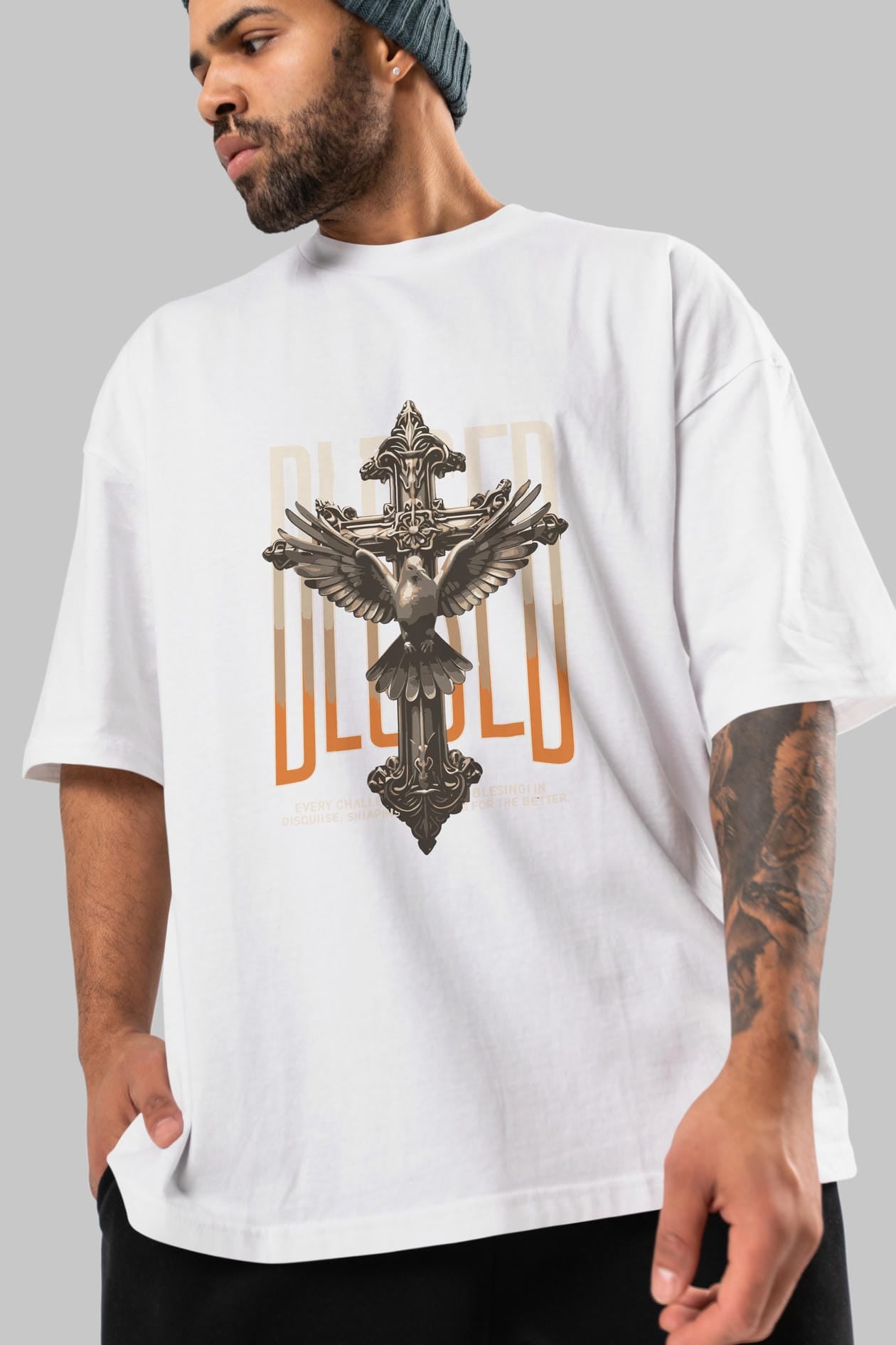 Blesed ön Baskılı Oversize t-shirt Erkek Kadın %100 Pamuk Bisiklet Yaka tişort