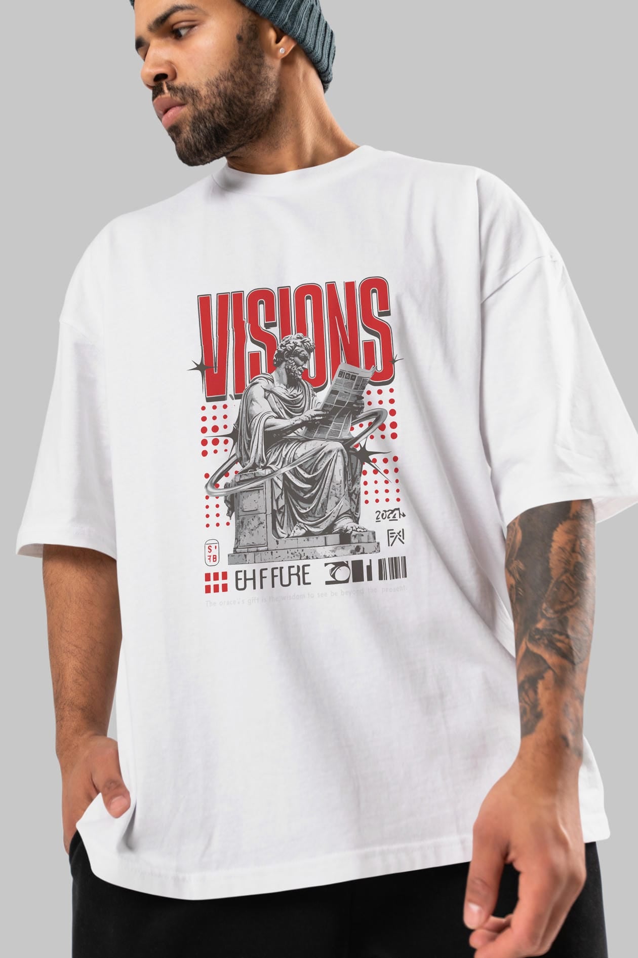 Visions ön Baskılı Oversize t-shirt Erkek Kadın %100 Pamuk Bisiklet Yaka tişort