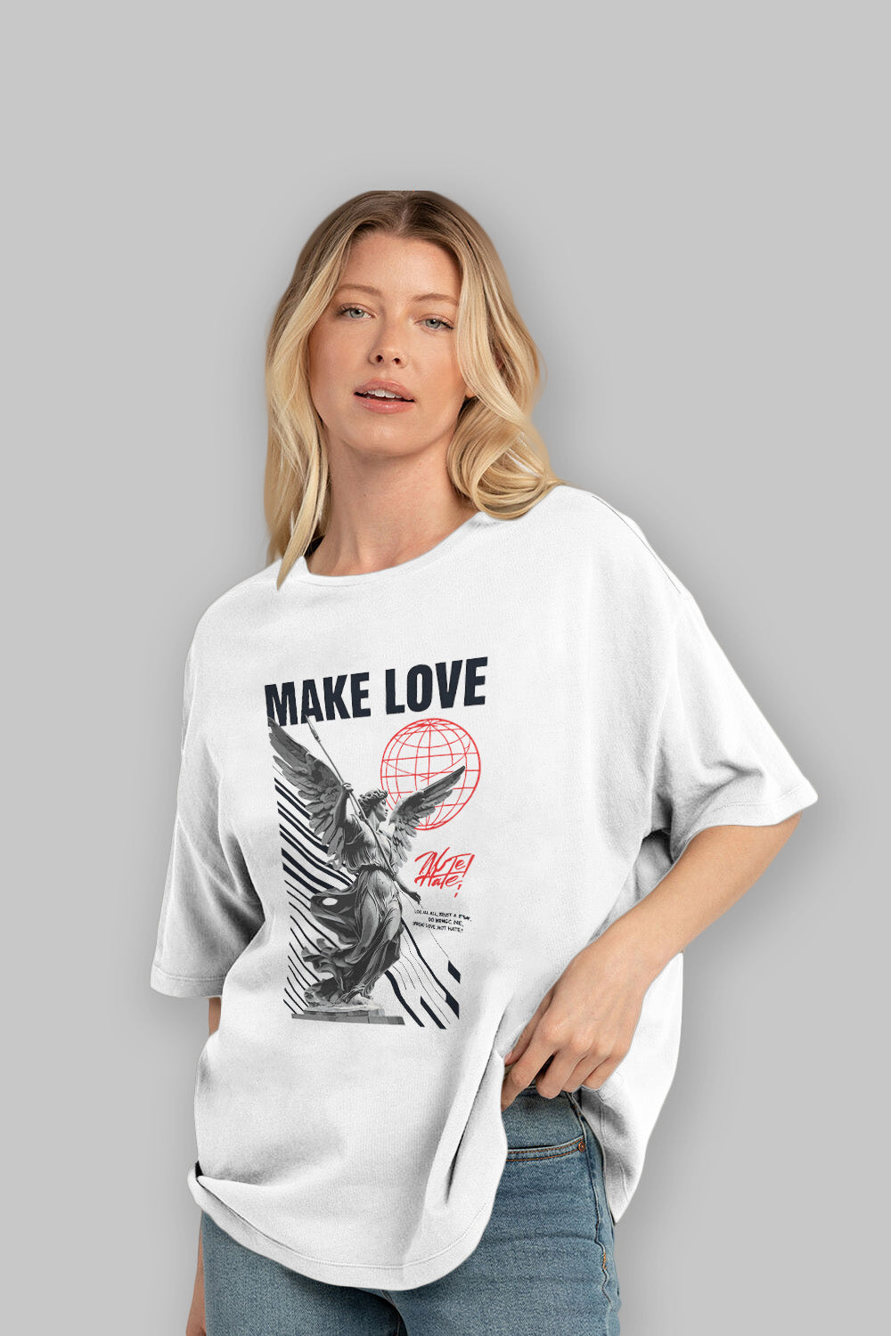 Make Love ön Baskılı Oversize t-shirt Erkek Kadın %100 Pamuk Bisiklet Yaka tişort