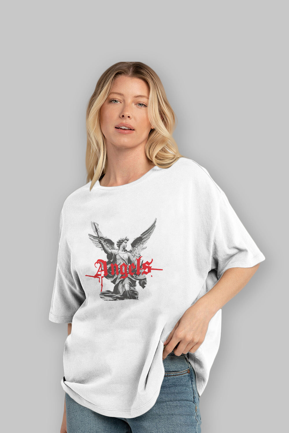Angels ön Baskılı Oversize t-shirt Erkek Kadın %100 Pamuk Bisiklet Yaka tişort