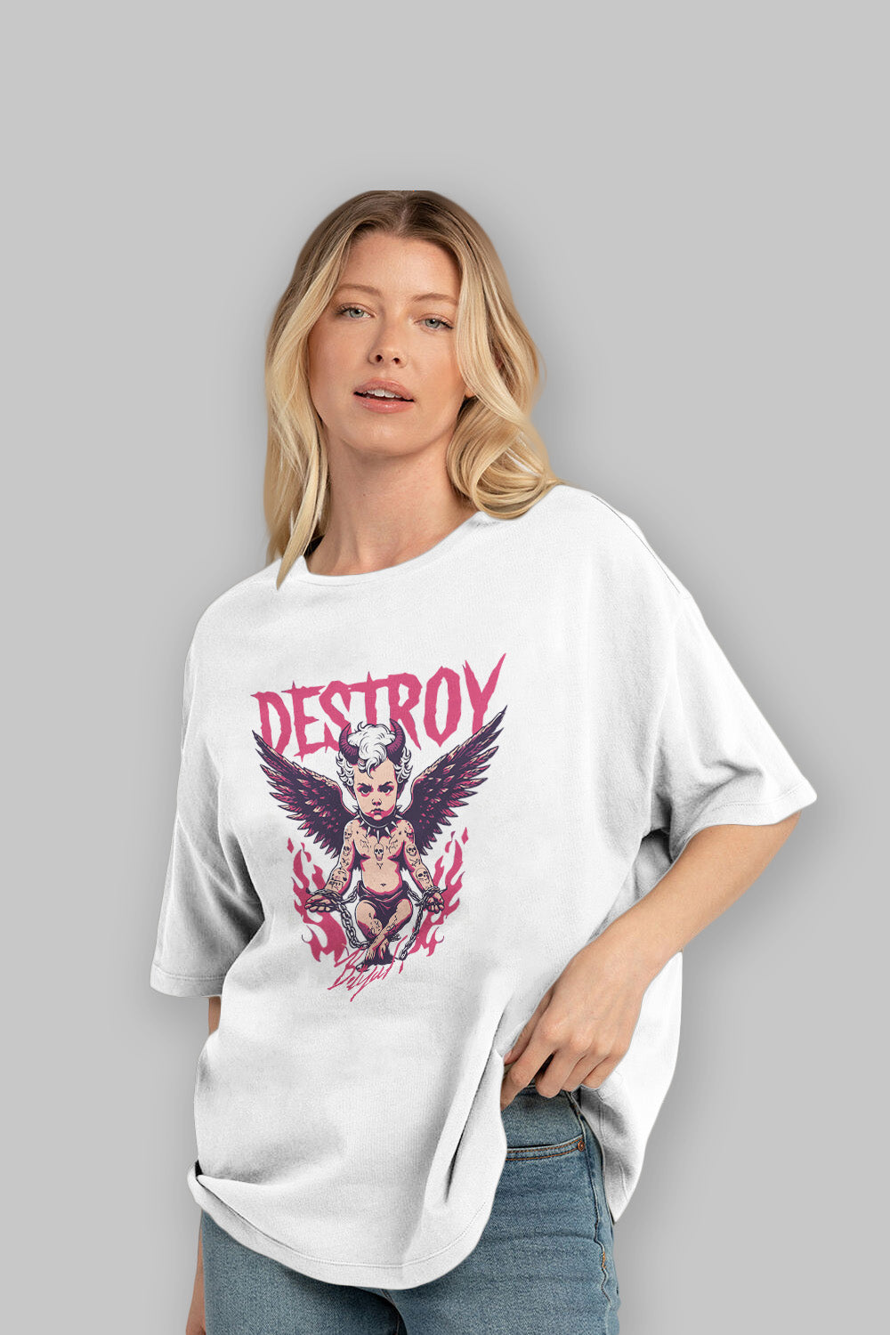 Destroy ön Baskılı Oversize t-shirt Erkek Kadın %100 Pamuk Bisiklet Yaka tişort