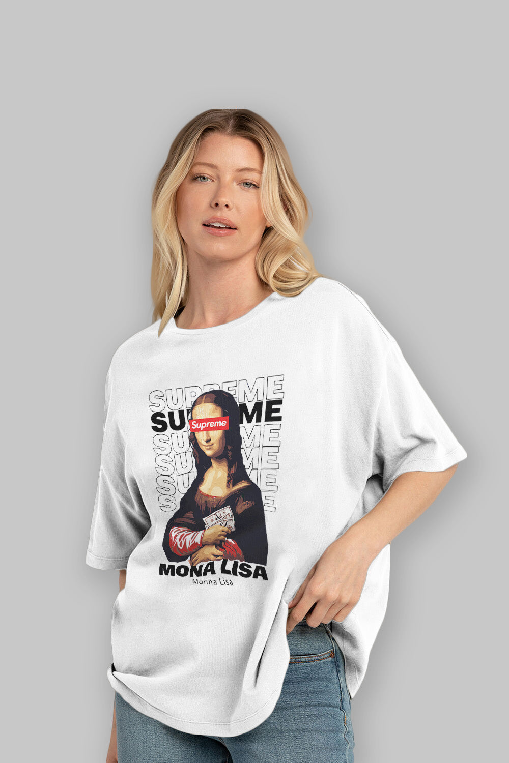 Mona Lisa Supreme ön Baskılı Oversize t-shirt Erkek Kadın %100 Pamuk Bisiklet Yaka tişort