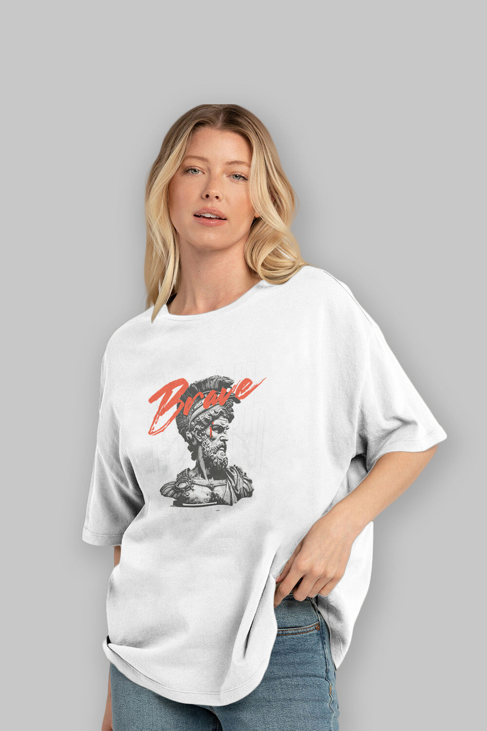 Brave ön Baskılı Oversize t-shirt Erkek Kadın %100 Pamuk Bisiklet Yaka tişort