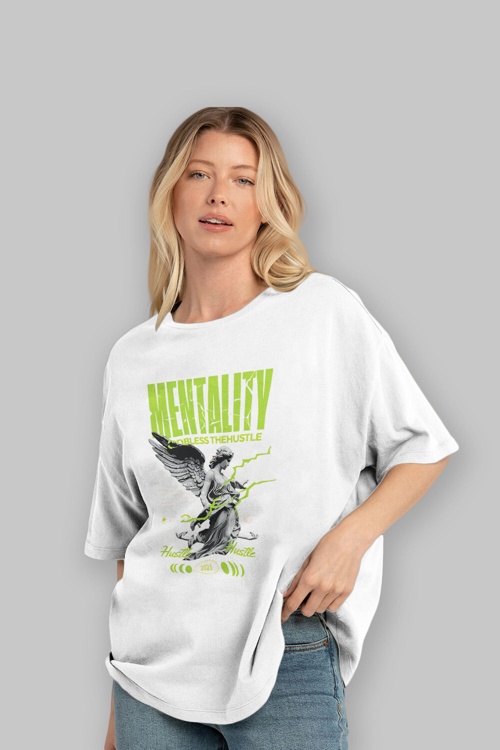 Mentality ön Baskılı Oversize t-shirt Erkek Kadın %100 Pamuk Bisiklet Yaka tişort