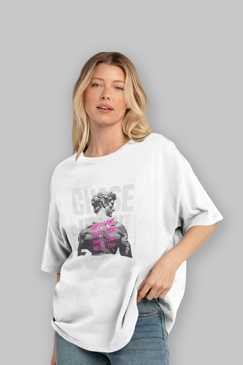 Chase Gains ön Baskılı Oversize t-shirt Erkek Kadın %100 Pamuk Bisiklet Yaka tişort