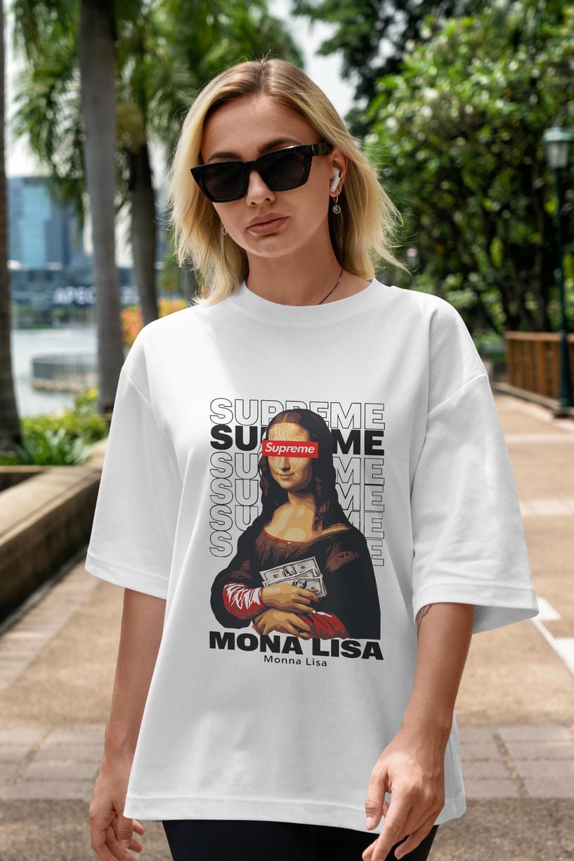Mona Lisa Supreme ön Baskılı Oversize t-shirt Erkek Kadın %100 Pamuk Bisiklet Yaka tişort