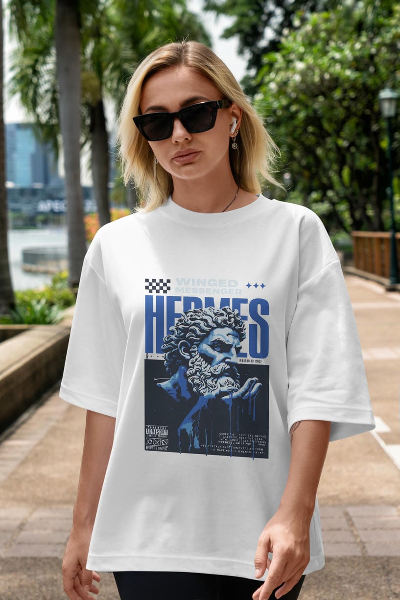 Hermes 2 ön Baskılı Oversize t-shirt Erkek Kadın %100 Pamuk Bisiklet Yaka tişort