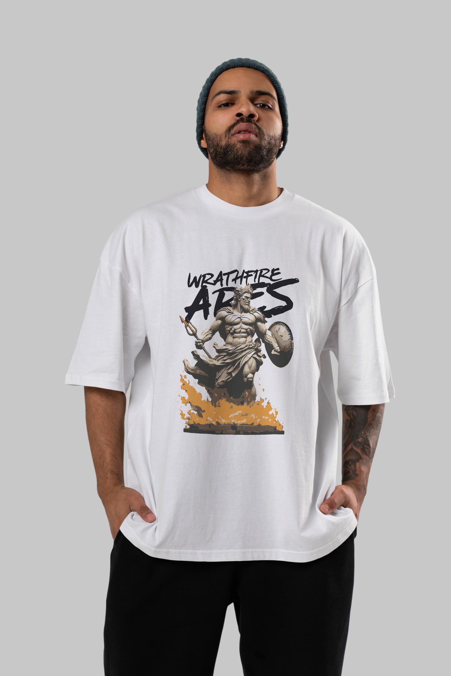 WrathFire Ares ön Baskılı Oversize t-shirt Erkek Kadın %100 Pamuk Bisiklet Yaka tişort