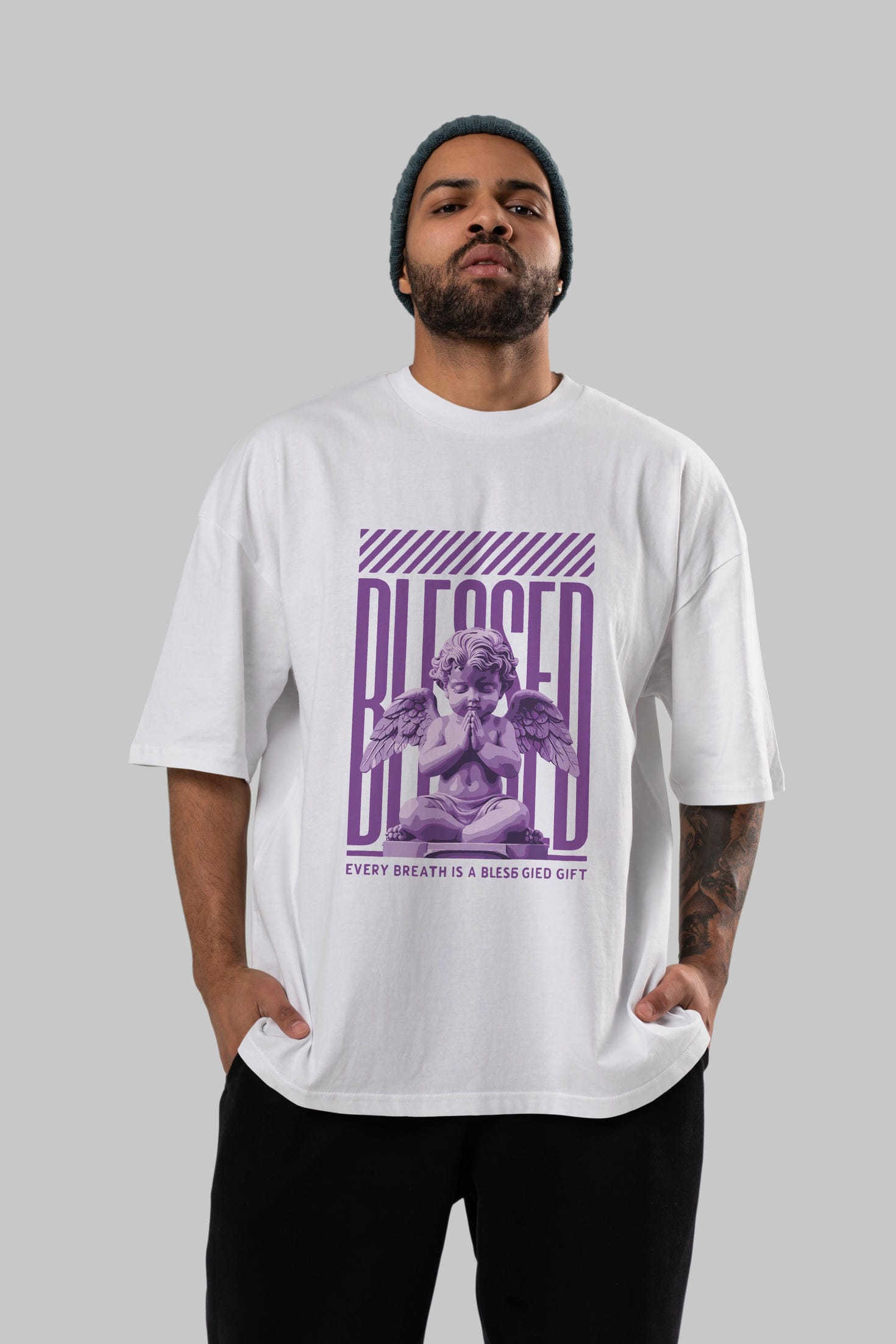 Blessed ön Baskılı Oversize t-shirt Erkek Kadın %100 Pamuk Bisiklet Yaka tişort