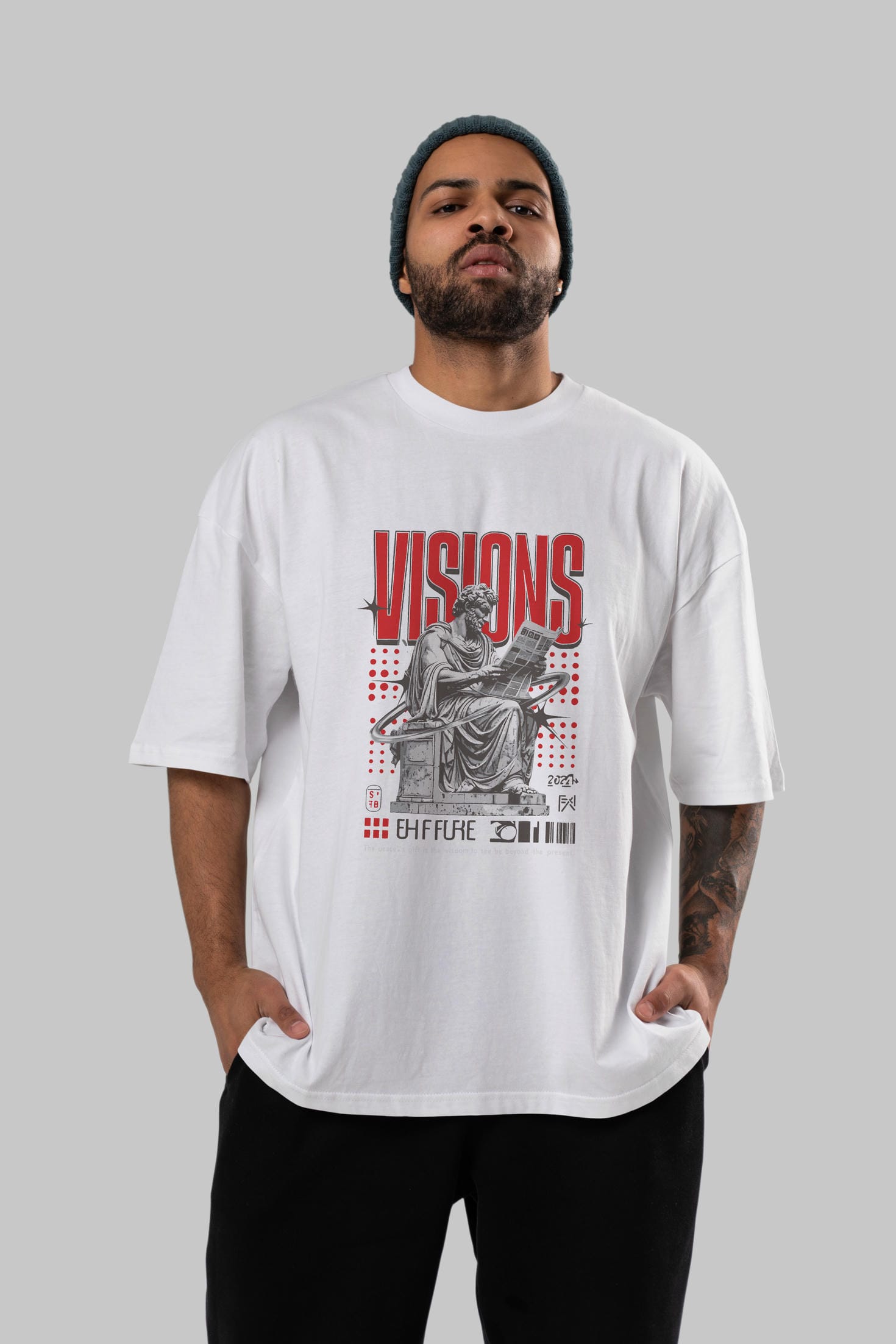Visions ön Baskılı Oversize t-shirt Erkek Kadın %100 Pamuk Bisiklet Yaka tişort
