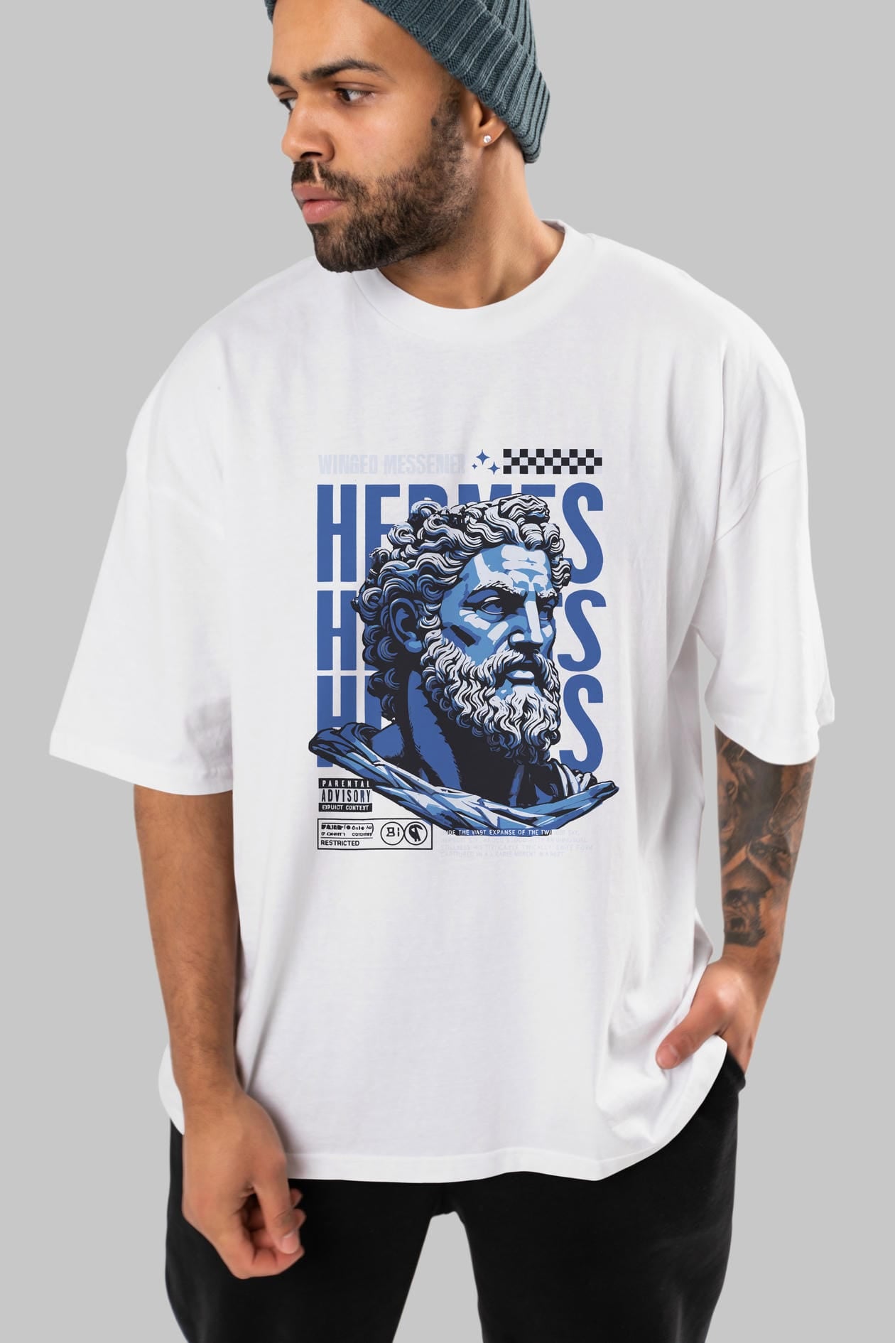 Hermes 1 ön Baskılı Oversize t-shirt Erkek Kadın %100 Pamuk Bisiklet Yaka tişort