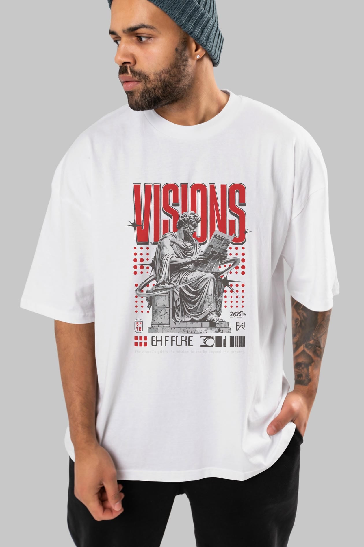 Visions ön Baskılı Oversize t-shirt Erkek Kadın %100 Pamuk Bisiklet Yaka tişort