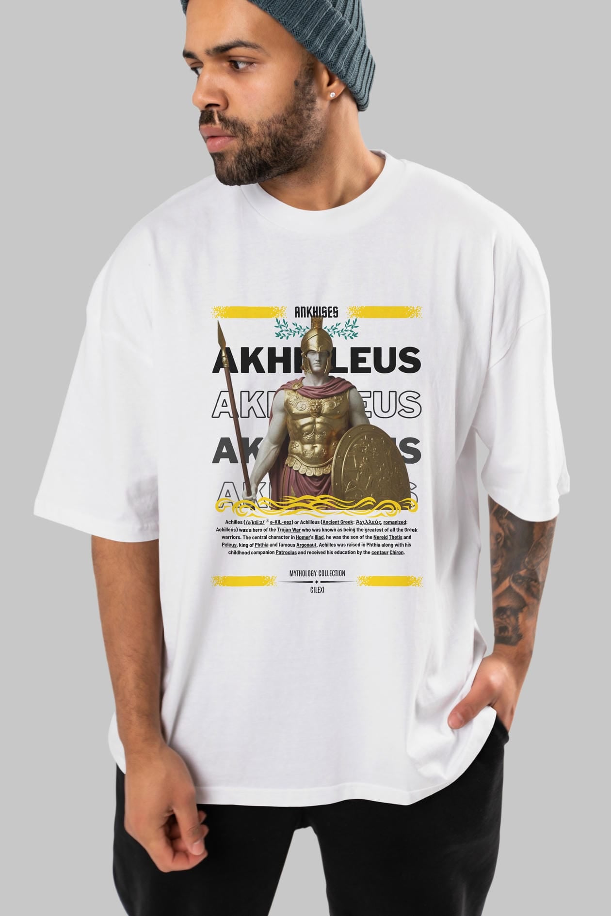 Akhilleus 1 ön Baskılı Oversize t-shirt Erkek Kadın %100 Pamuk Bisiklet Yaka tişort