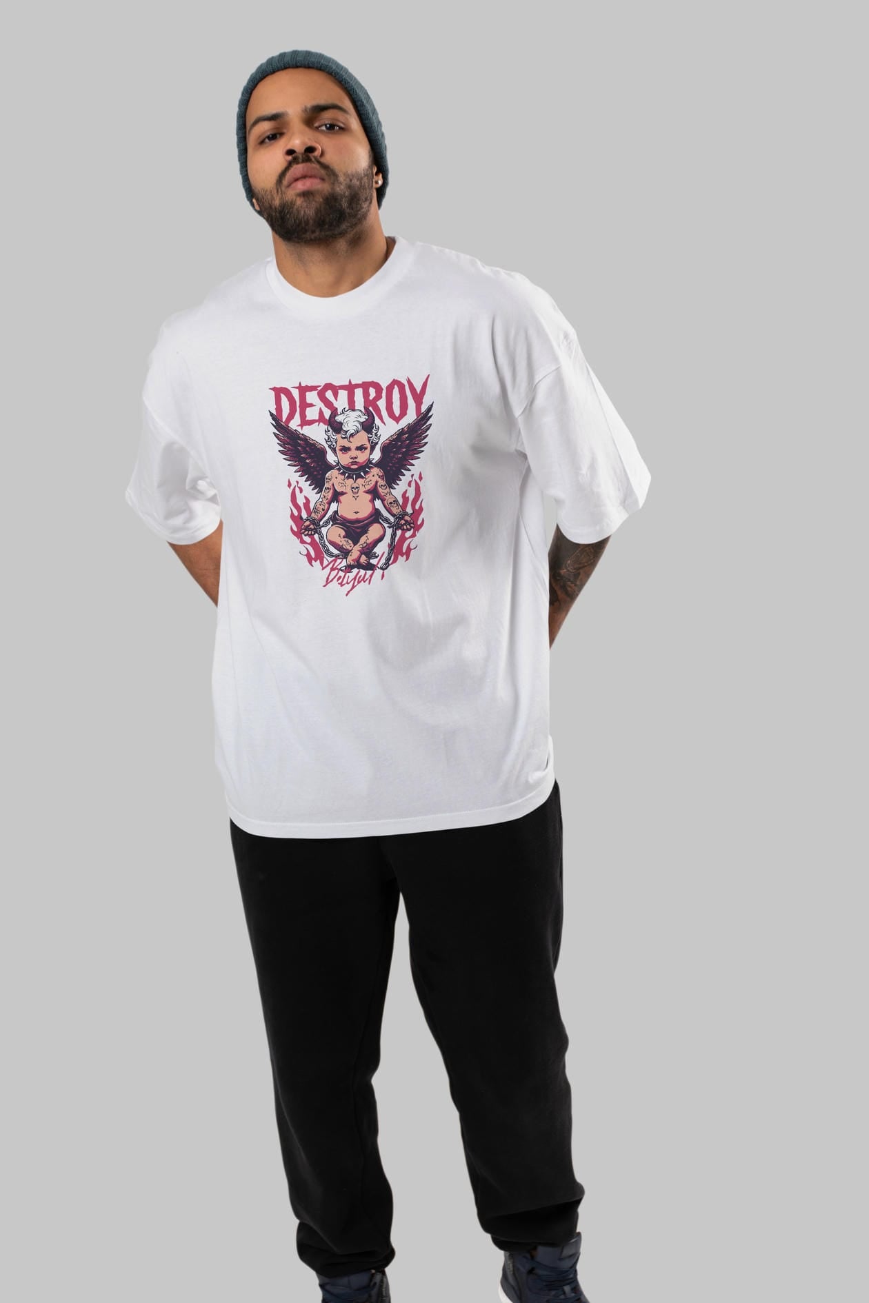 Destroy ön Baskılı Oversize t-shirt Erkek Kadın %100 Pamuk Bisiklet Yaka tişort
