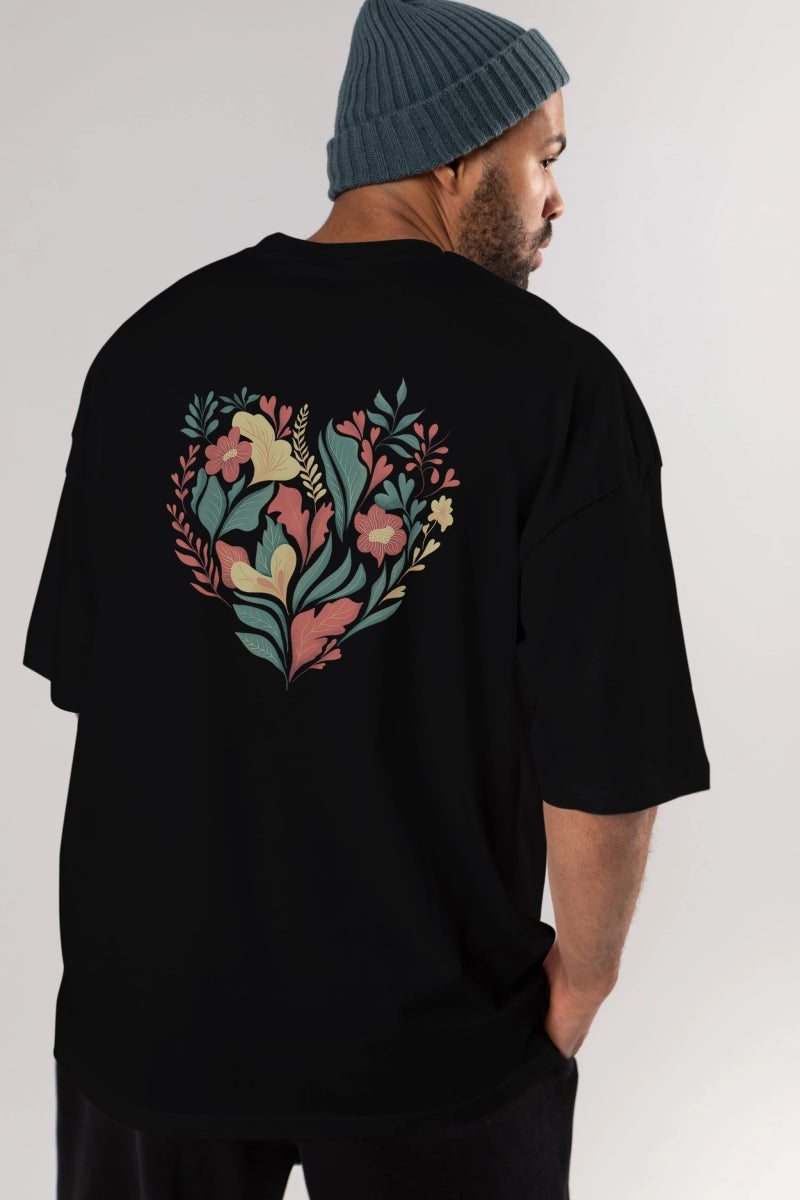 Çiçek Kalp Arka Baskılı Oversize t-shirt Erkek Kadın Unisex - Cilexi