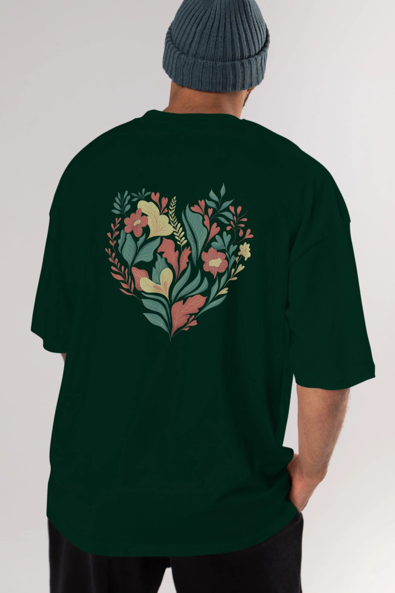 Çiçek Kalp Arka Baskılı Oversize t-shirt Erkek Kadın Unisex - Cilexi