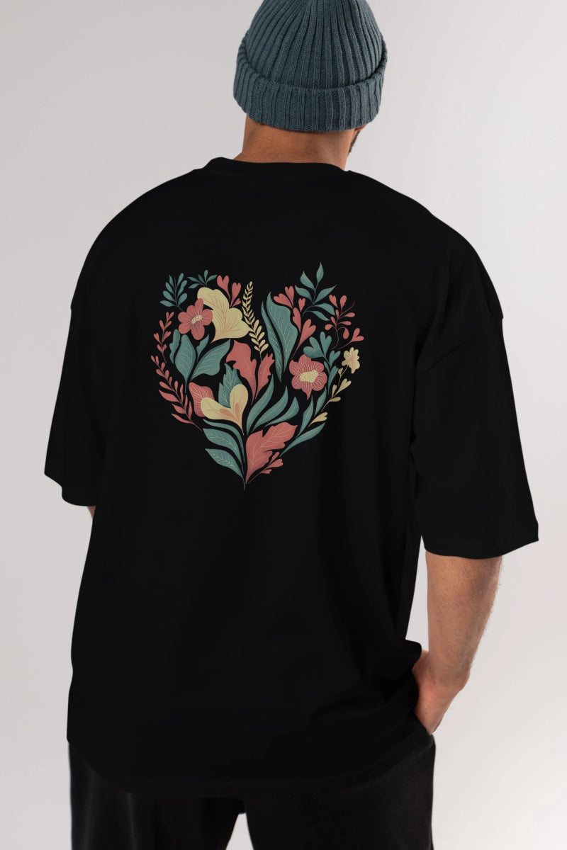 Çiçek Kalp Arka Baskılı Oversize t-shirt Erkek Kadın Unisex - Cilexi
