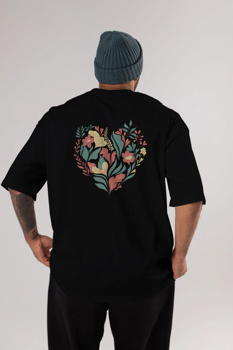 Çiçek Kalp Arka Baskılı Oversize t-shirt Erkek Kadın Unisex - Cilexi