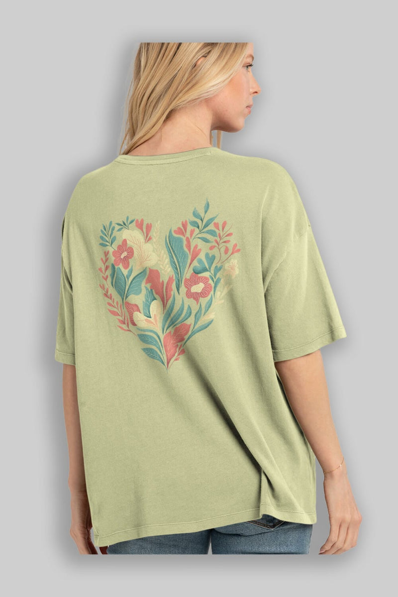 Çiçek Kalp Arka Baskılı Oversize t-shirt Erkek Kadın Unisex - Cilexi