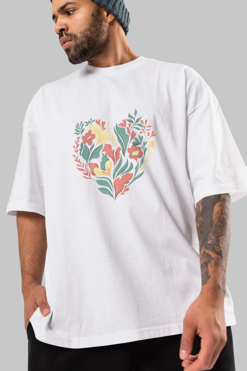 Çiçek Kalp Ön Baskılı Oversize t-shirt Erkek Kadın Unisex - Cilexi