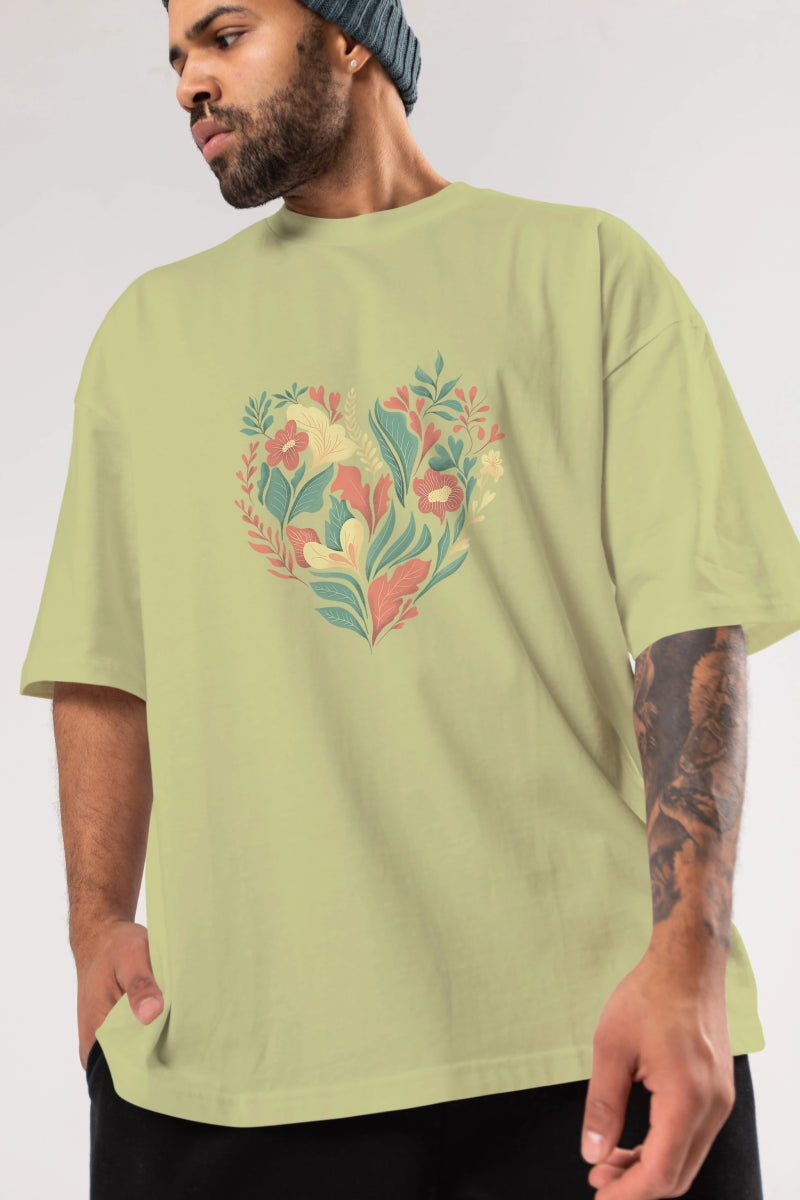 Çiçek Kalp Ön Baskılı Oversize t-shirt Erkek Kadın Unisex - Cilexi