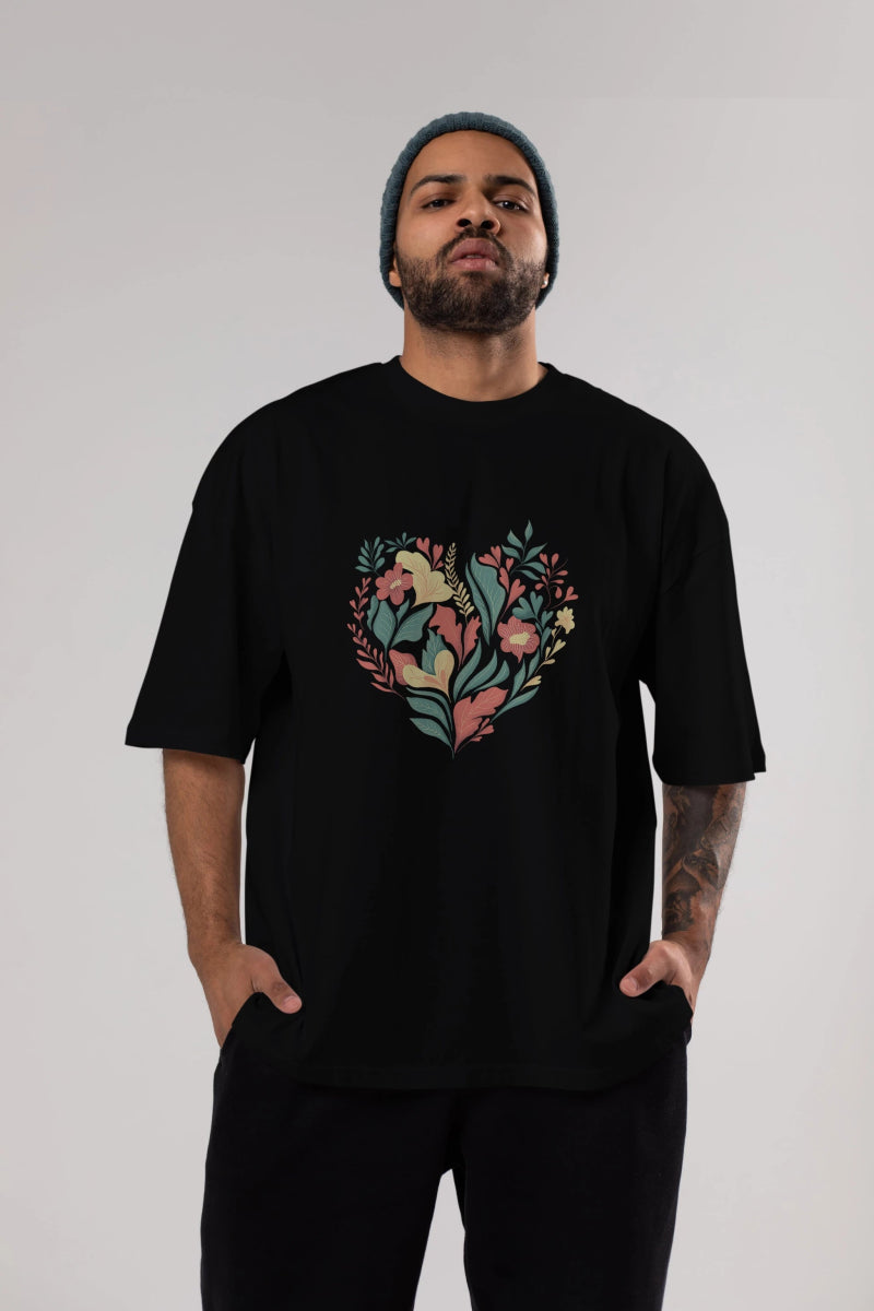 Çiçek Kalp Ön Baskılı Oversize t-shirt Erkek Kadın Unisex - Cilexi
