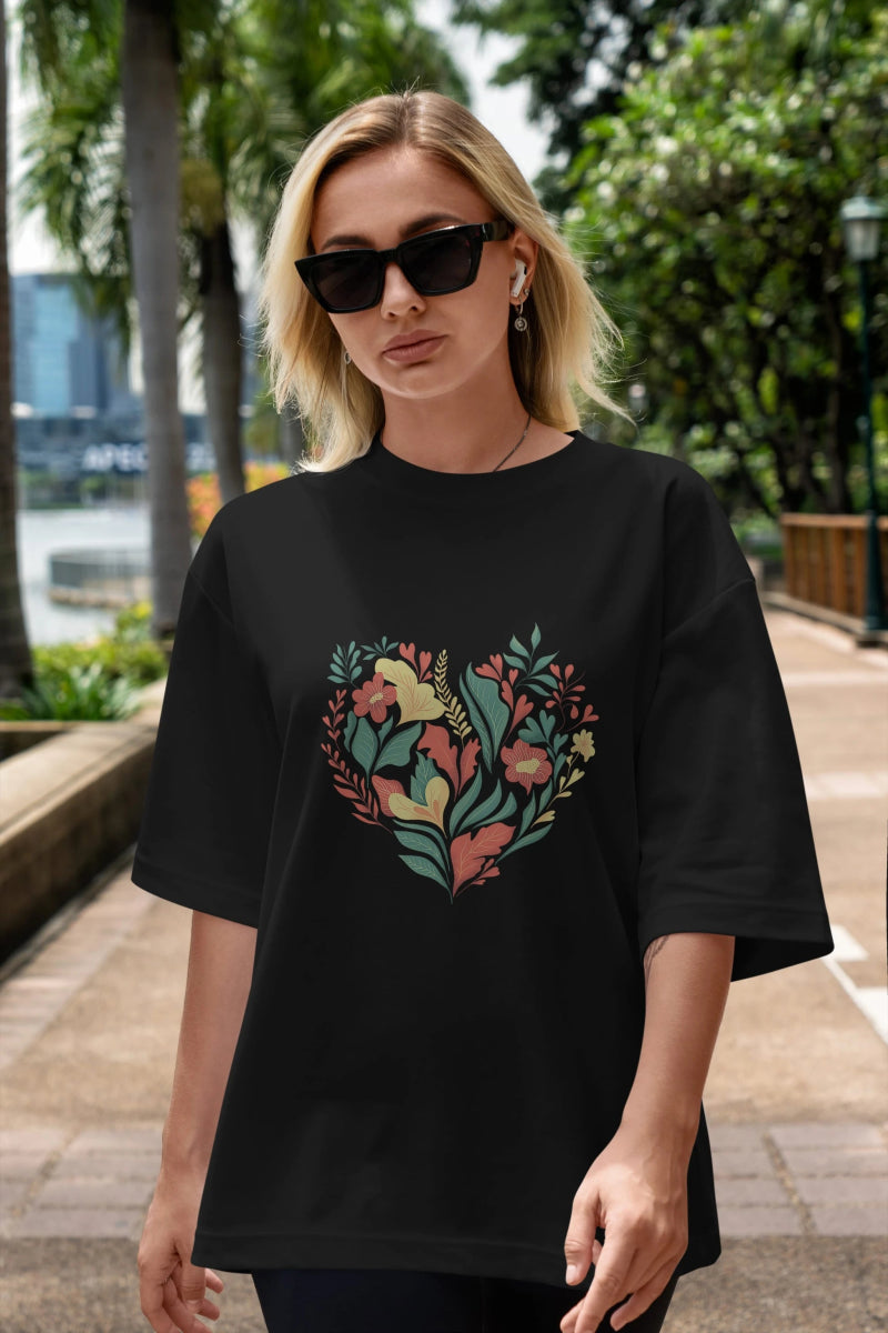 Çiçek Kalp Ön Baskılı Oversize t-shirt Erkek Kadın Unisex - Cilexi