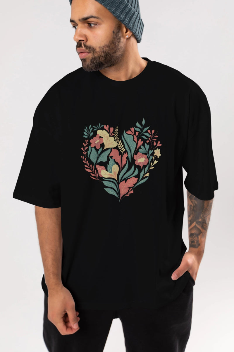Çiçek Kalp Ön Baskılı Oversize t-shirt Erkek Kadın Unisex - Cilexi