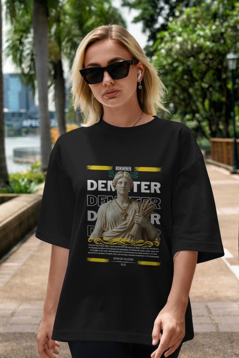 Demeter 1 ön Baskılı Oversize t-shirt Erkek Kadın %100 Pamuk Bisiklet Yaka tişort - Cilexi