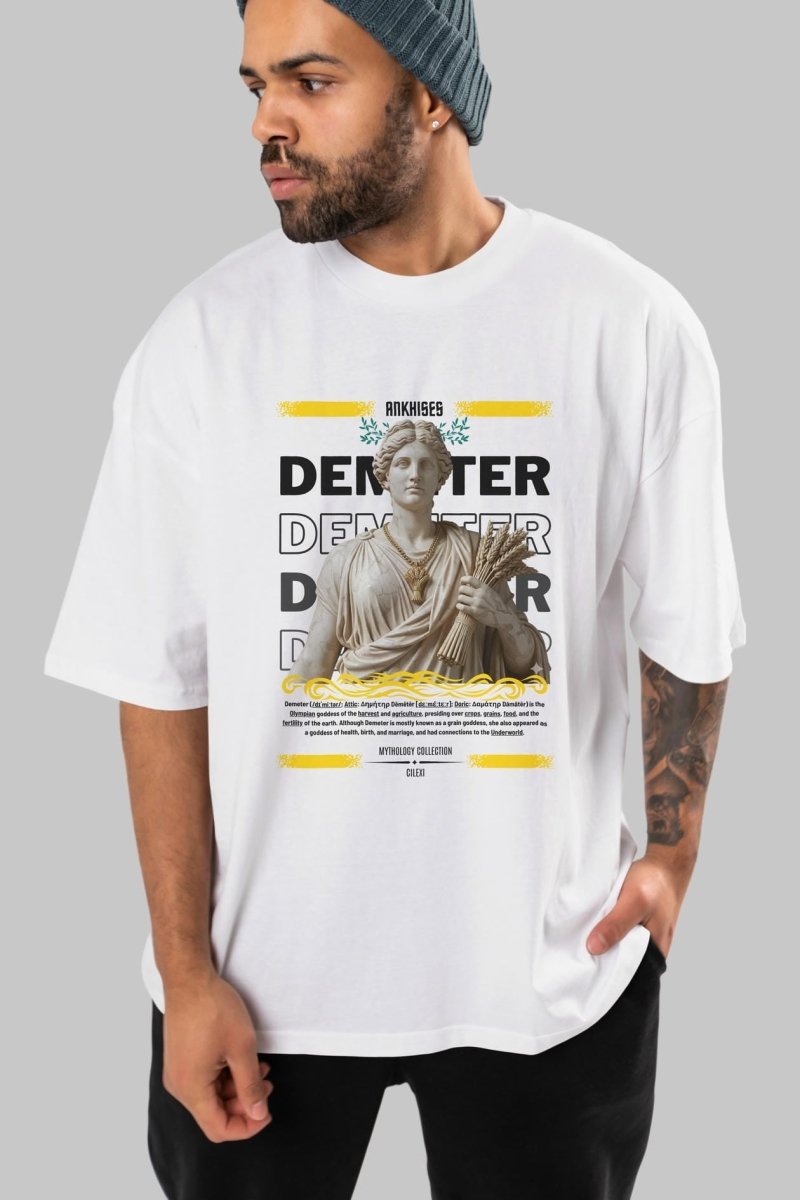 Demeter 1 ön Baskılı Oversize t-shirt Erkek Kadın %100 Pamuk Bisiklet Yaka tişort - Cilexi