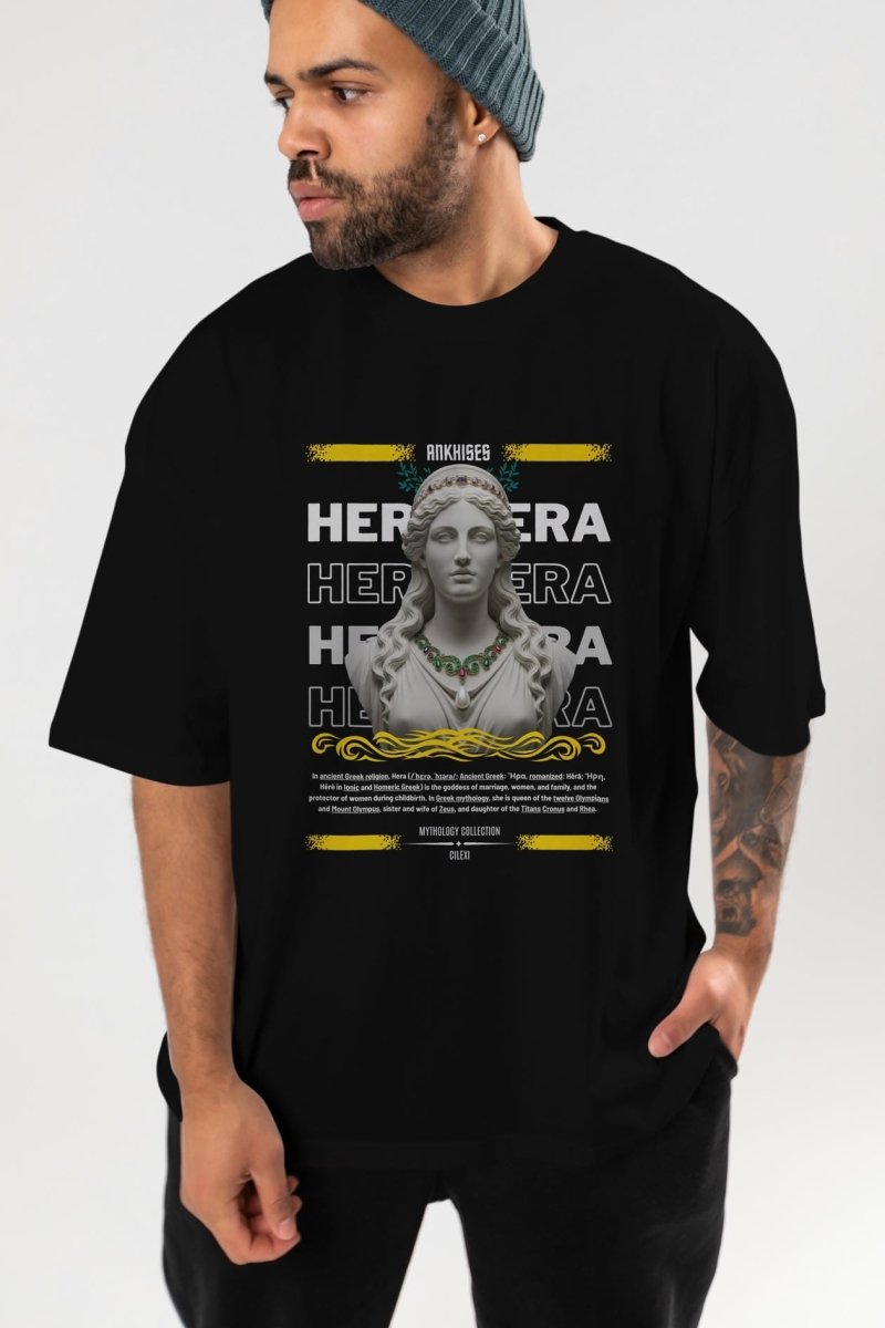 Hera 1 ön Baskılı Oversize t-shirt Erkek Kadın %100 Pamuk Bisiklet Yaka tişort - Cilexi