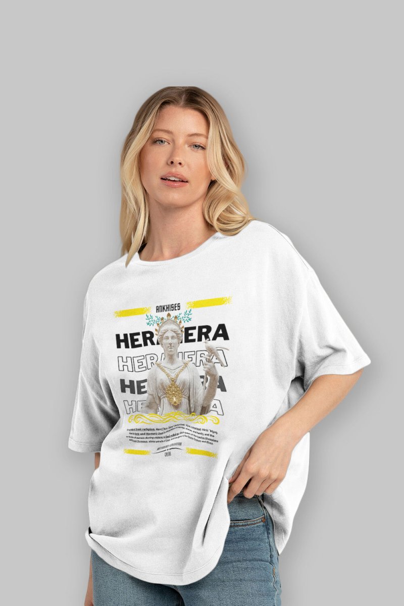 Hera 2 ön Baskılı Oversize t-shirt Erkek Kadın %100 Pamuk Bisiklet Yaka tişort - Cilexi