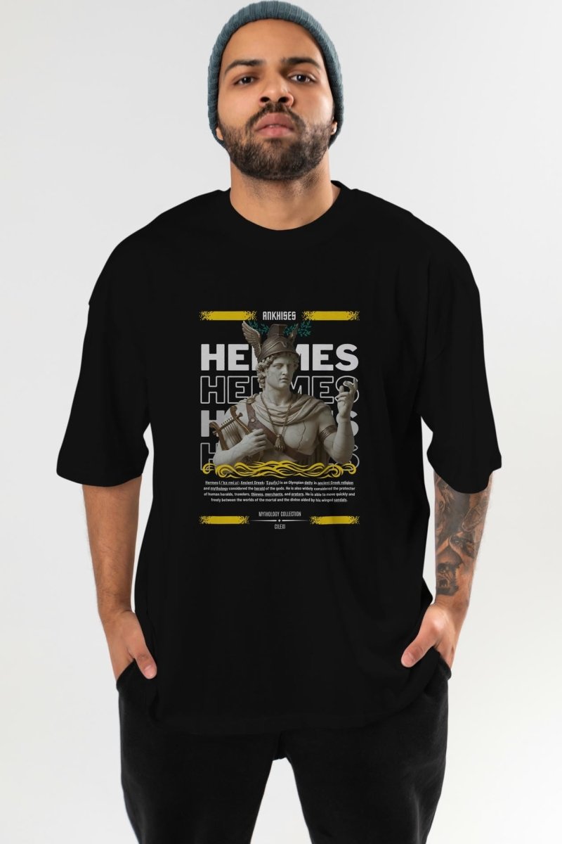 Hermes 2 ön Baskılı Oversize t-shirt Erkek Kadın %100 Pamuk Bisiklet Yaka tişort - Cilexi