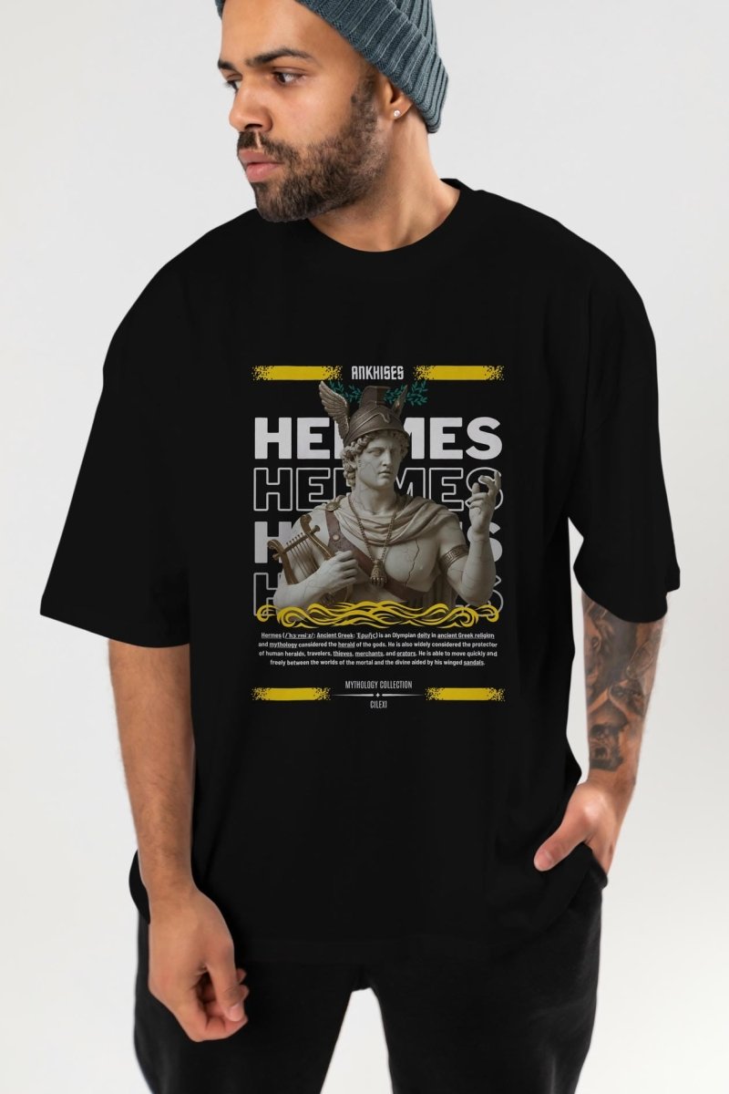 Hermes 2 ön Baskılı Oversize t-shirt Erkek Kadın %100 Pamuk Bisiklet Yaka tişort - Cilexi