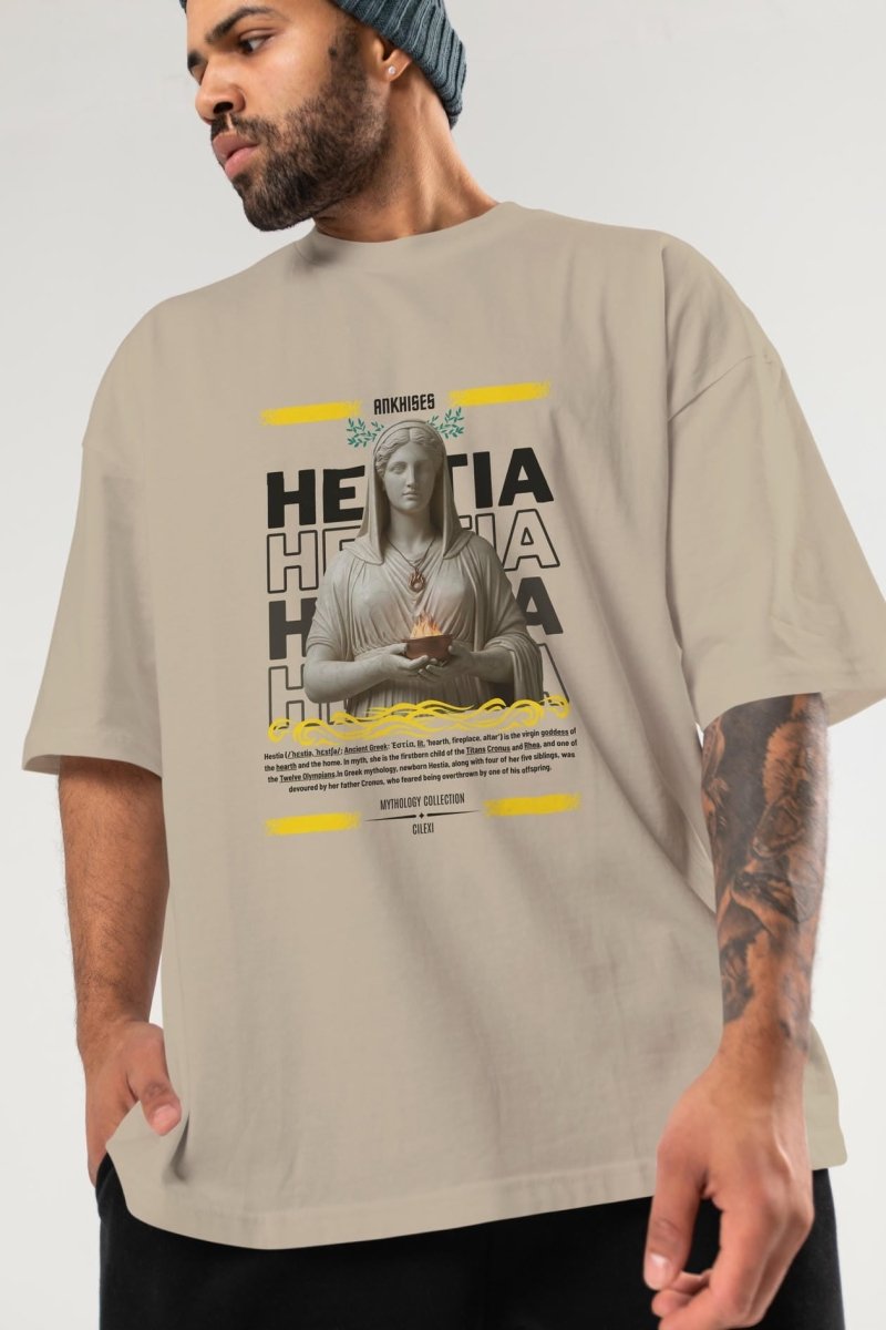 Hestia 1 ön Baskılı Oversize t-shirt Erkek Kadın %100 Pamuk Bisiklet Yaka tişort - Cilexi