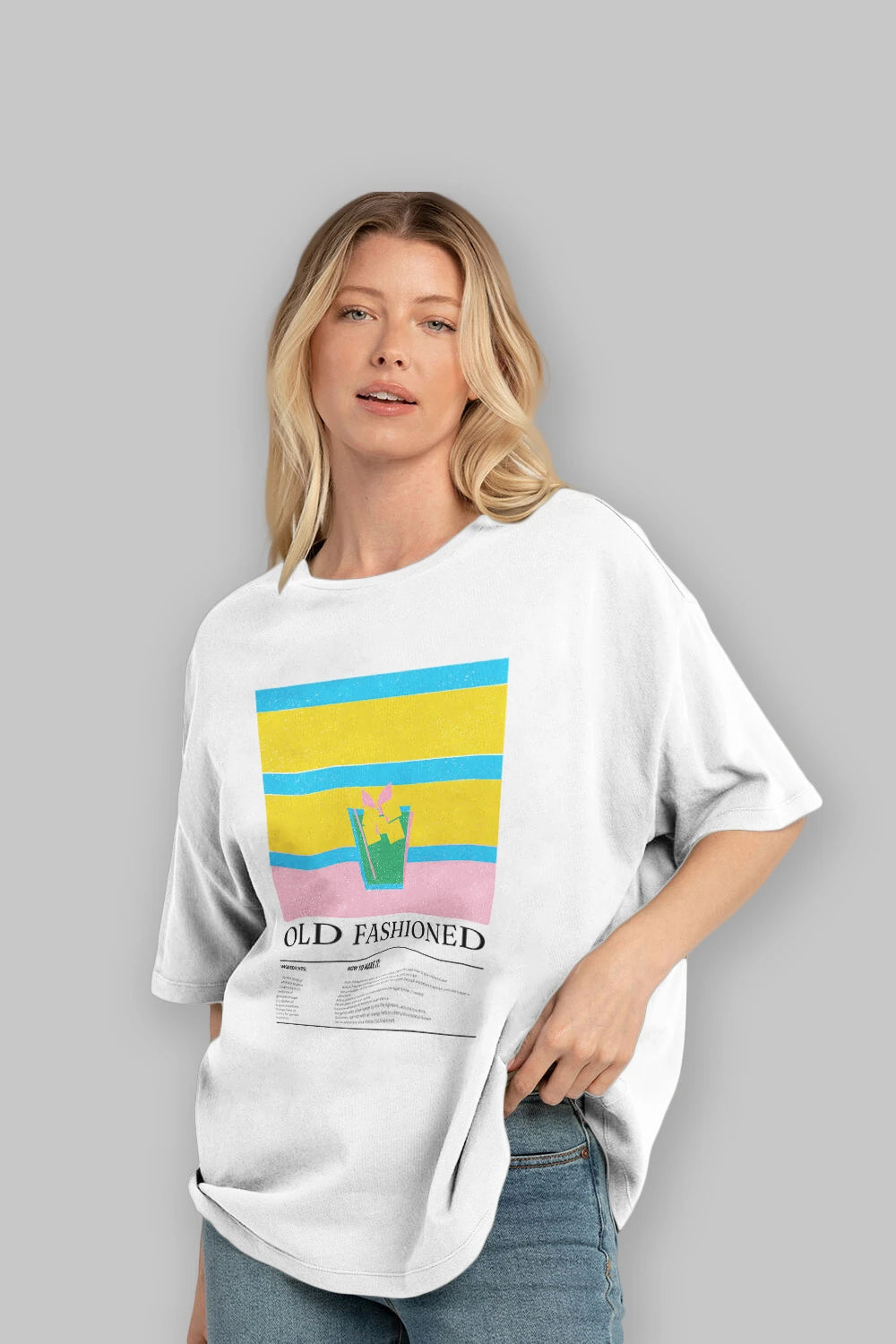 Old Fashioned Kokteyl Ön Baskılı Oversize t-shirt Erkek Kadın %100 Pamuk Bisiklet Yaka tişort