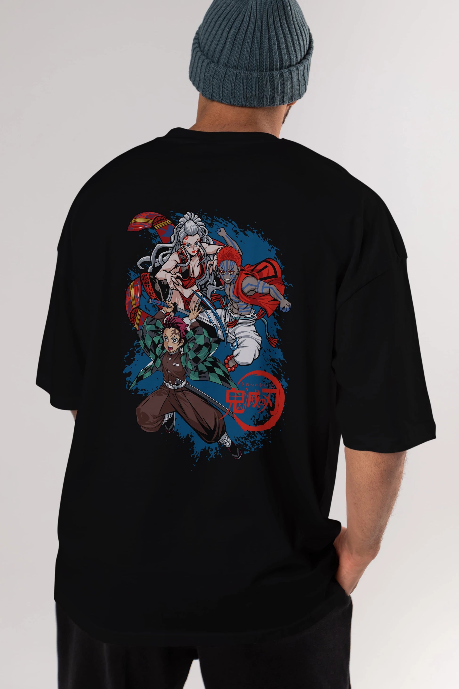 TANJIRO ,AKAZA,DAKI Anime Arka Baskılı Oversize t-shirt Erkek Kadın Unisex