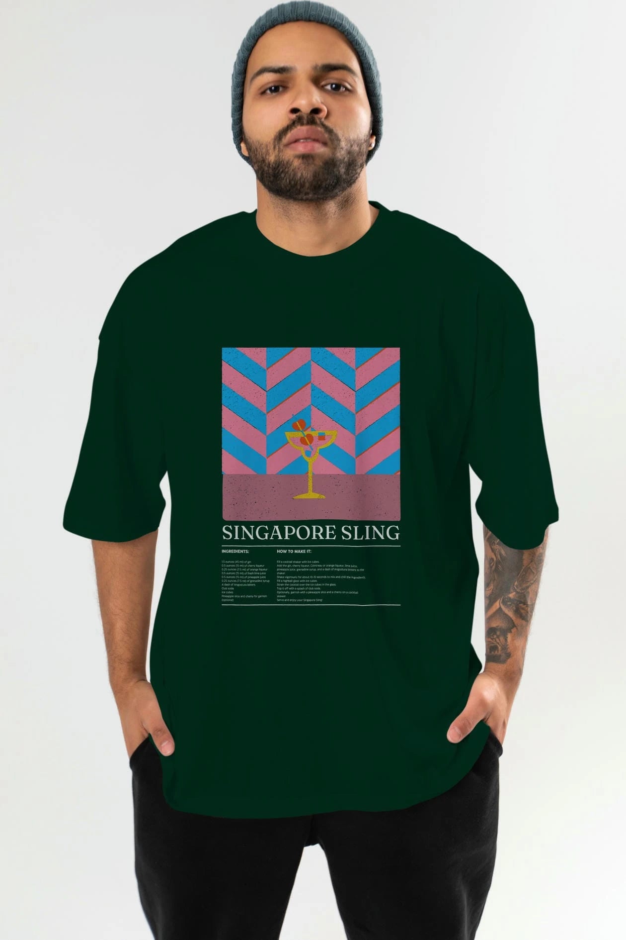 Sıngapore Sling Kokteyl Ön Baskılı Oversize t-shirt Erkek Kadın %100 Pamuk Bisiklet Yaka tişort
