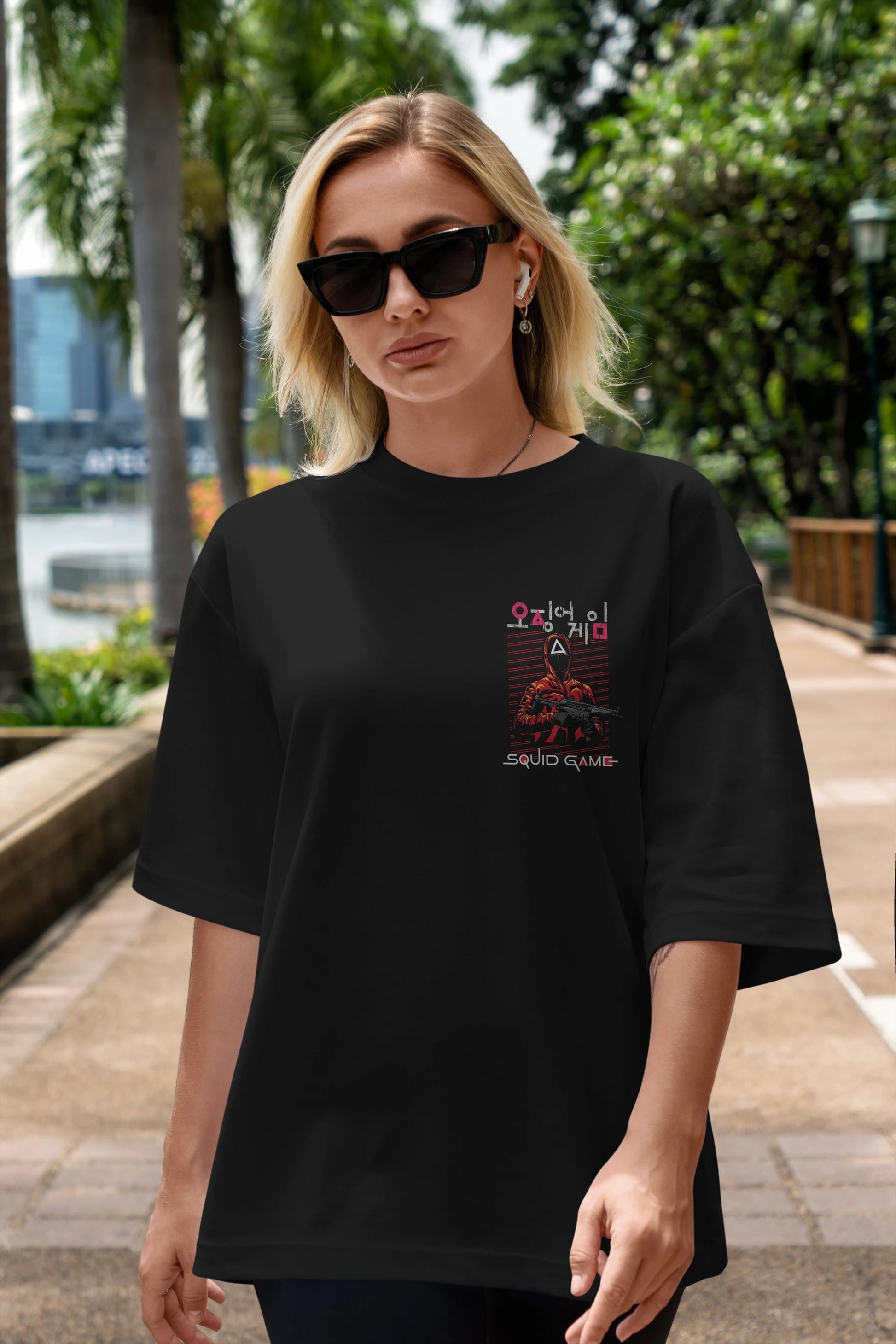 Squid Game (2) Ön Sol Baskılı Oversize t-shirt Erkek Kadın Unisex %100 Pamuk Bisiklet Yaka tişort