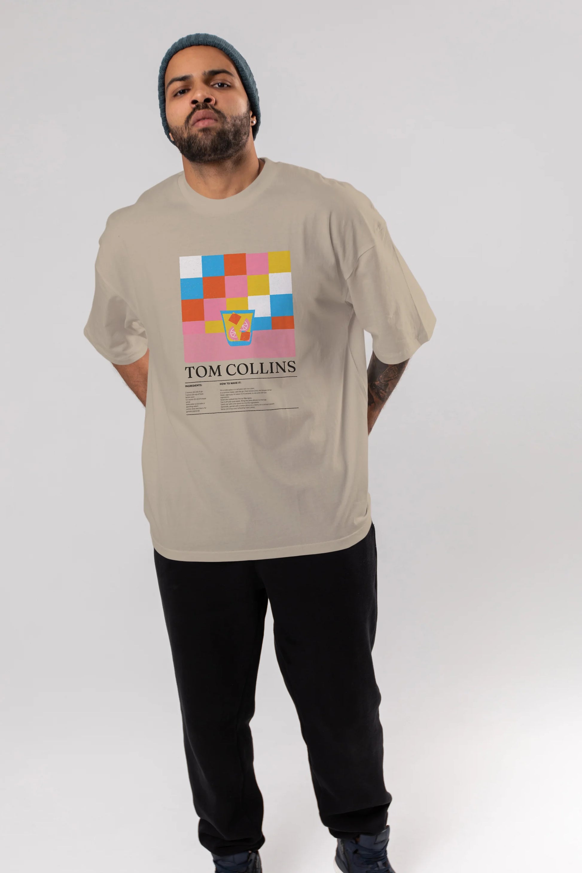 Tom Collins Kokteyl Ön Baskılı Oversize t-shirt Erkek Kadın %100 Pamuk Bisiklet Yaka tişort