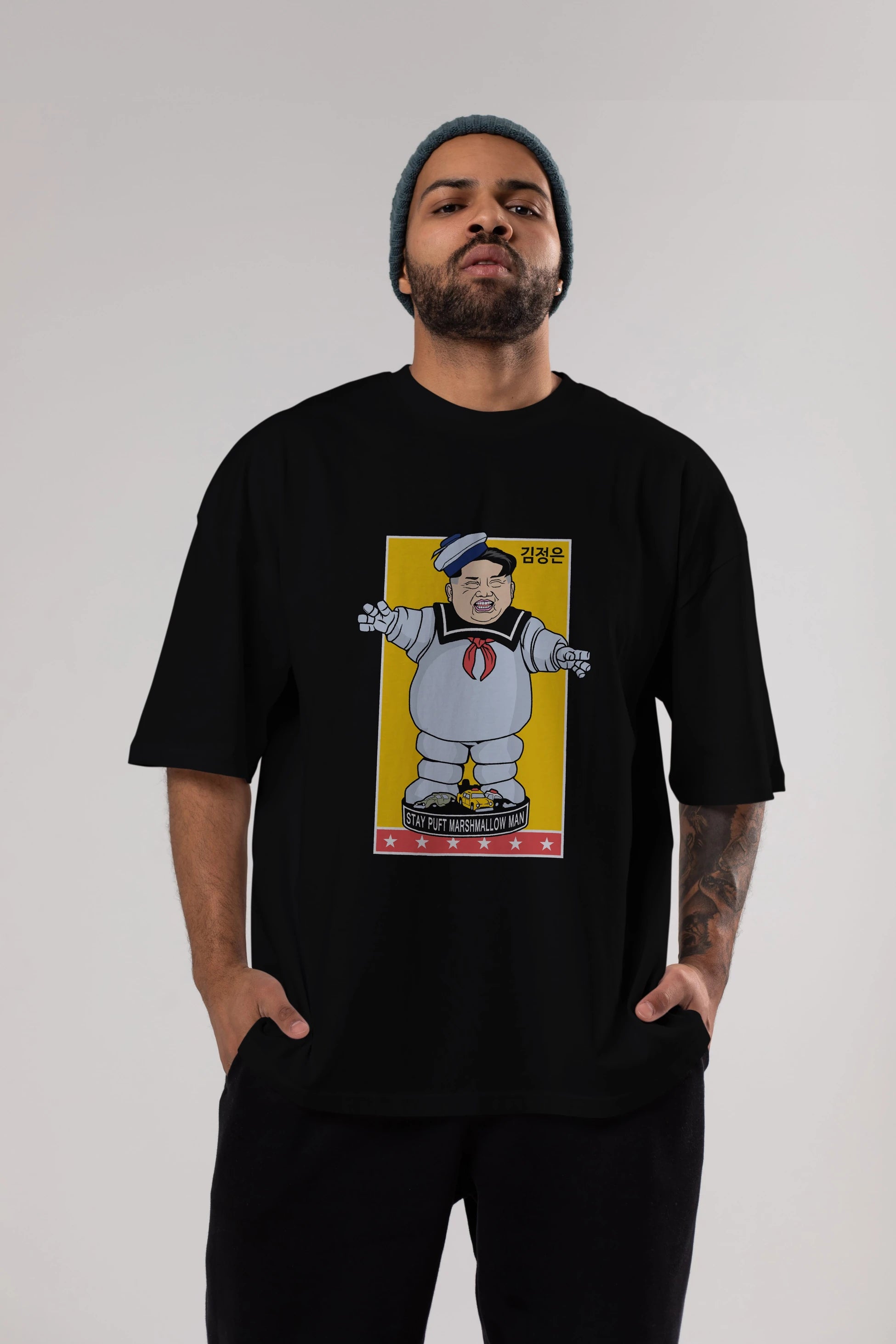 Stay Puft Jong Un Ön Baskılı Oversize t-shirt Erkek Kadın Unisex %100 Pamuk tişort