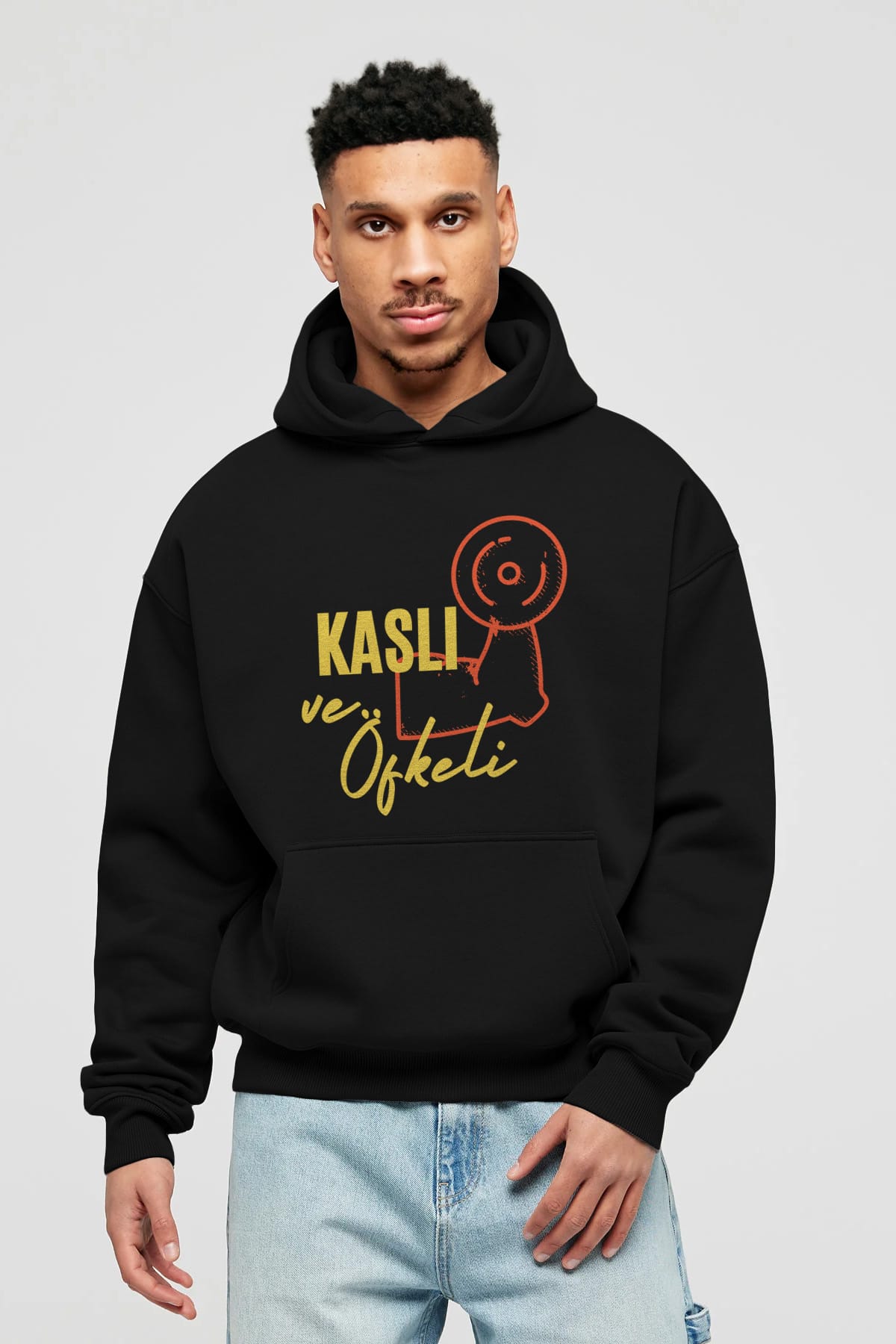 Kaslı ve Öfkeli Yazılı Ön Baskılı Oversize Hoodie Kapüşonlu Sweatshirt Erkek Kadın Unisex