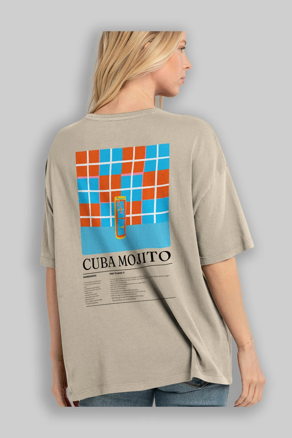 Cuba Mojıto Kokteyl Serisi Arka Baskılı Oversize t-shirt Erkek Kadın %100 Pamuk Bisiklet Yaka tişort