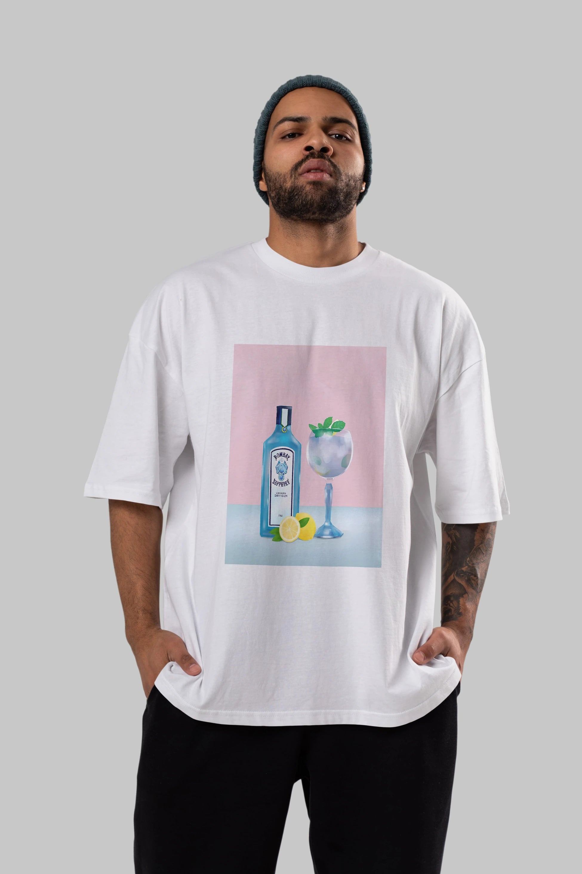 Bombay Sapphire Dry Gin Ön Baskılı Oversize t-shirt Erkek Kadın Unisex %100 Pamuk Bisiklet Yaka tişort