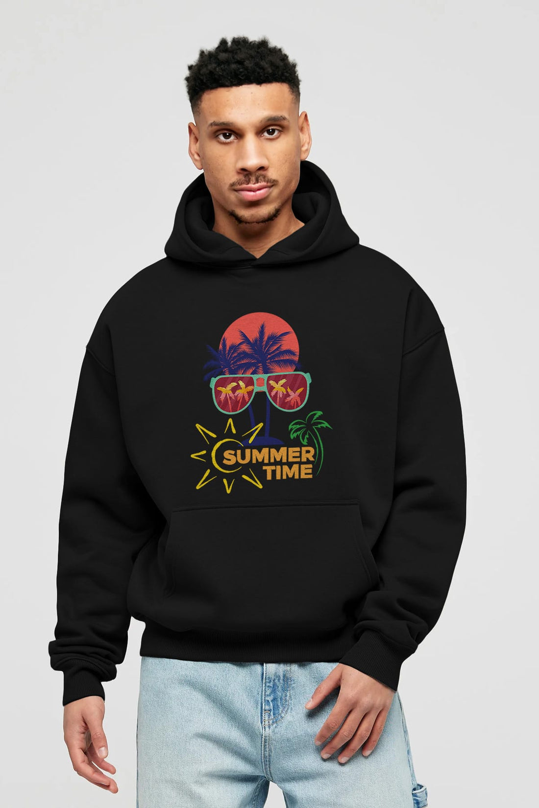 Summer Time Yazılı Ön Baskılı Oversize Hoodie Kapüşonlu Sweatshirt Erkek Kadın Unisex