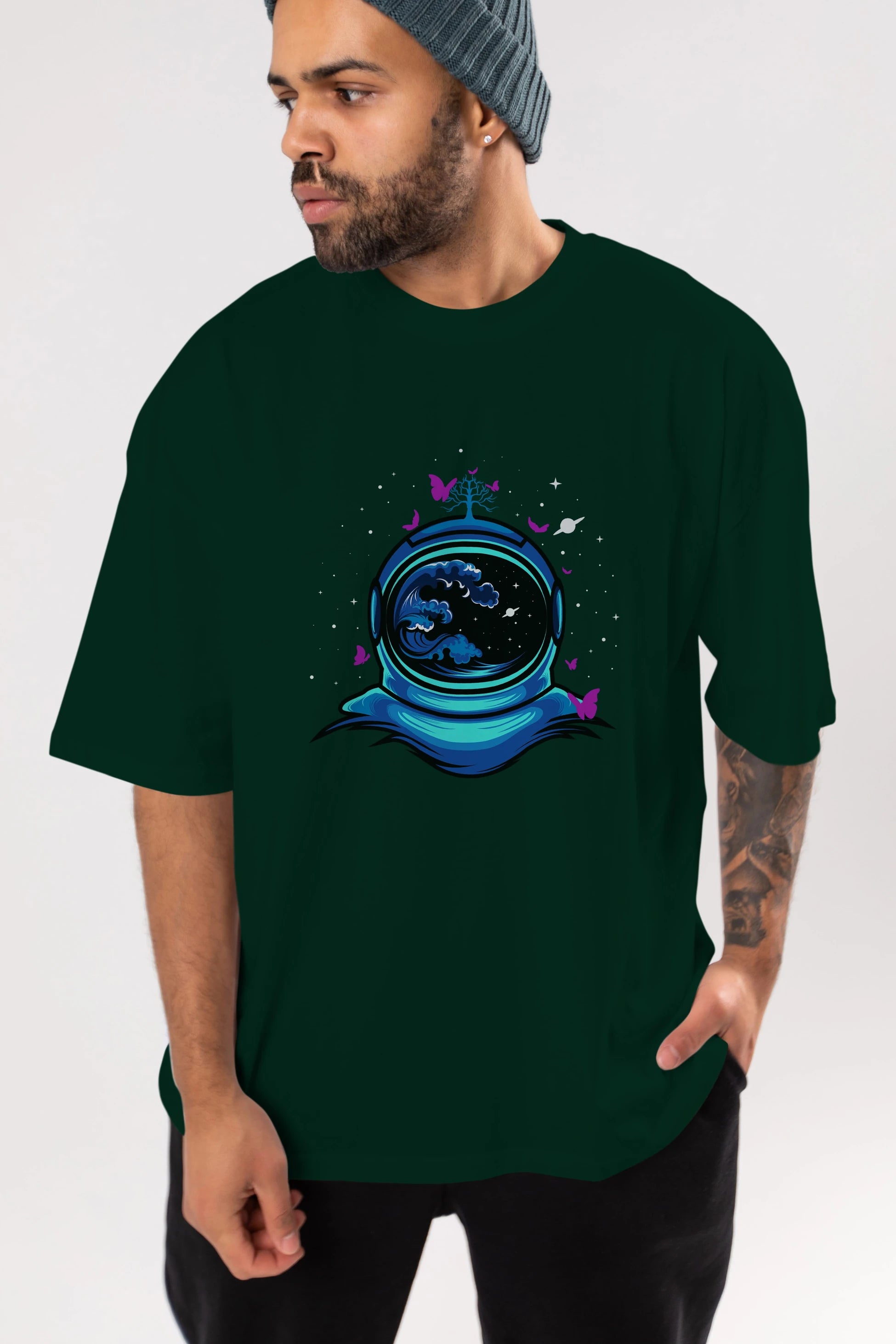 Astronaut and Butterfly Ön Baskılı Oversize t-shirt Erkek Kadın Unisex
