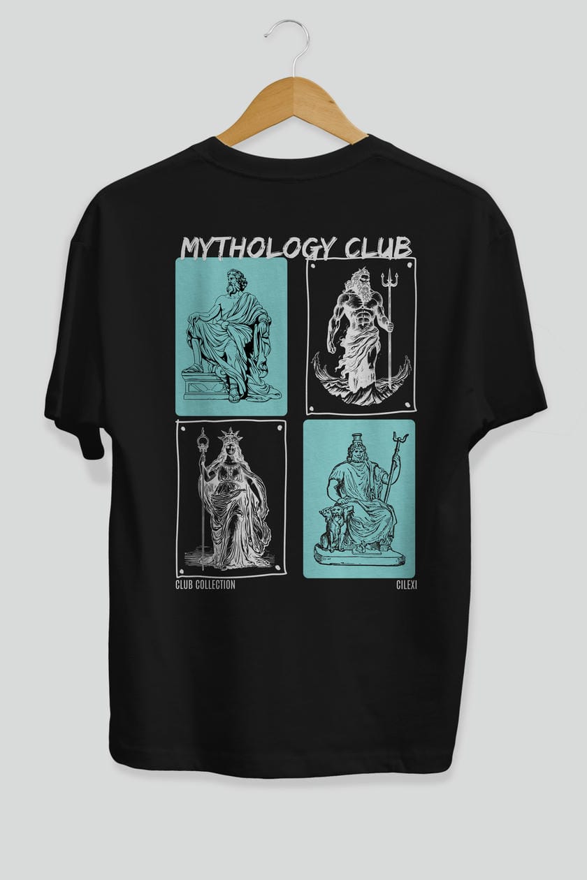 Mythology Club Arka Baskılı Oversize t-shirt Erkek Kadın %100 Pamuk Bisiklet Yaka tişort