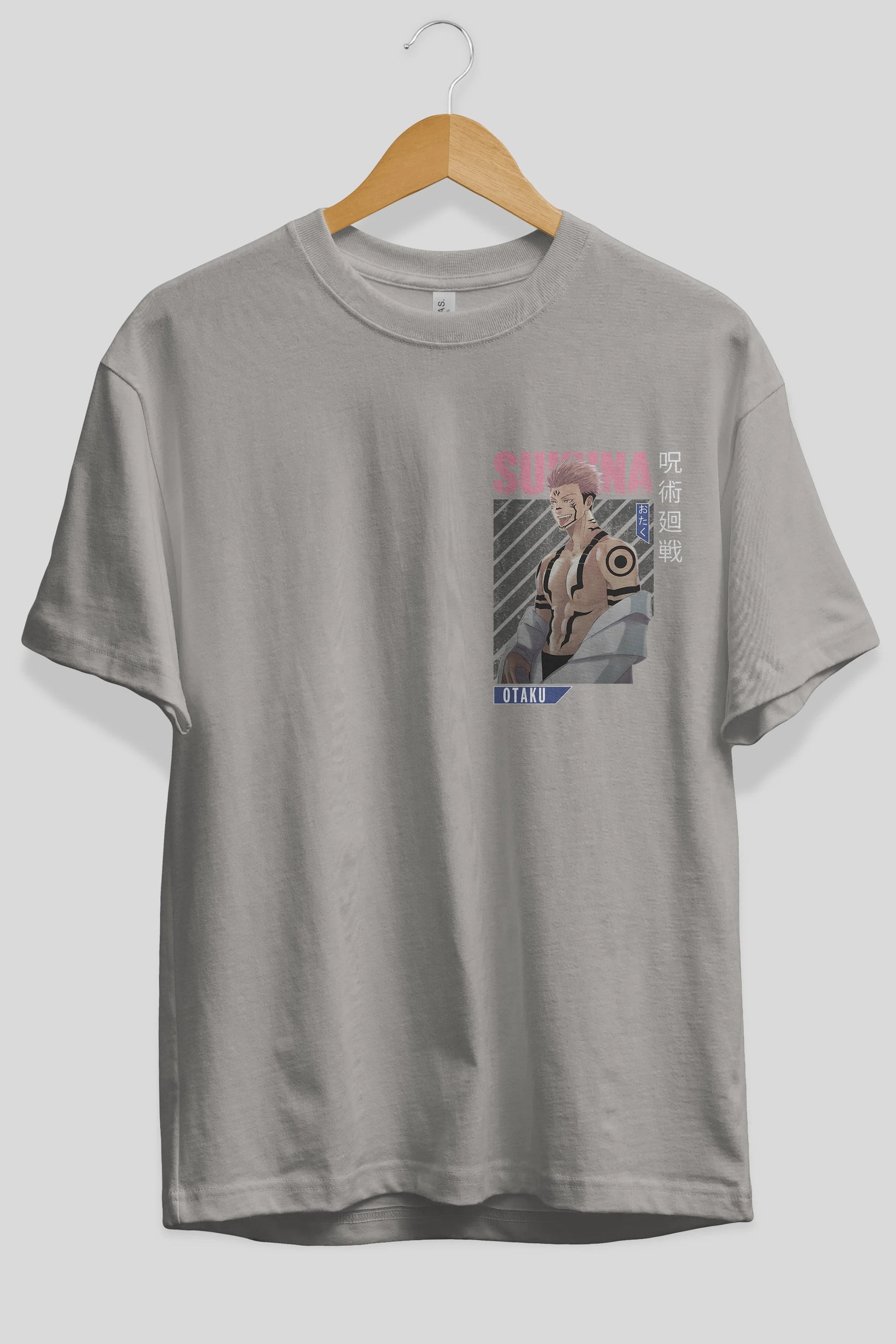 Sukuna Ryoumen Ön Sol Baskılı Oversize t-shirt Erkek Kadın Unisex %100 Pamuk Bisiklet Yaka tişort