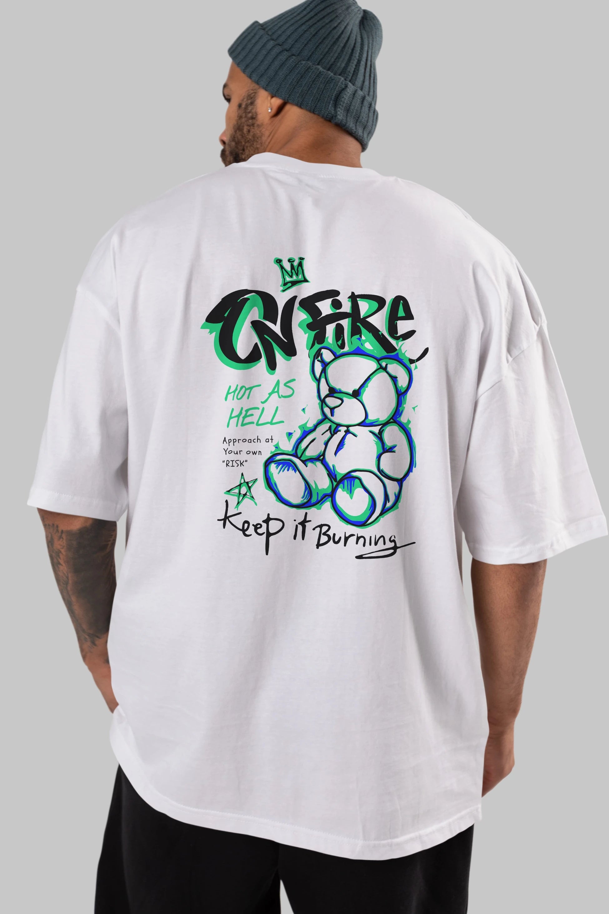 On Fire Bear Arka Baskılı Oversize t-shirt Erkek Kadın Unisex